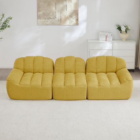 Canapé modulable 3 places en tissu polaire texturé jaune, design sans structure avec ottoman (1/5)