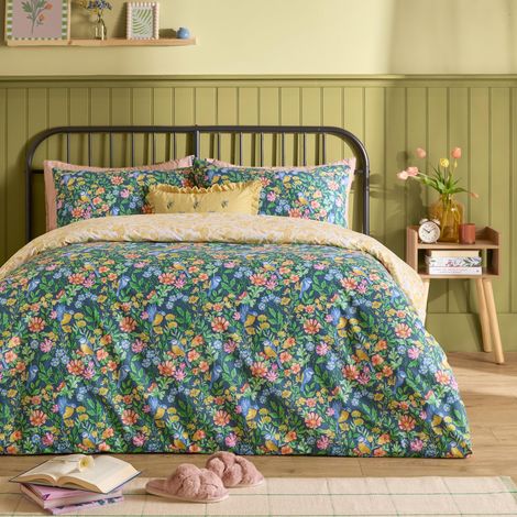 Housse De Couette Réversible Floral Oiseau Entretien Facile Jardin Champêtre Mélange De Coton Literie Marine Double 200x200cm (1/4)