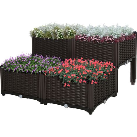 Jardinière sur Pieds carré Potager 2 étages dim. 80L x 80l x 44H cm Insert d'irrigation Plastique Imitation rotin tressé Chocolat