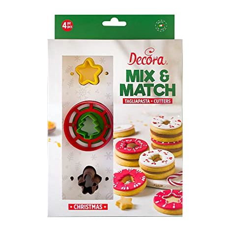Decora 0255044 Set 4 Tagliapasta Occhio Di Bue Natale, In Plastica, Il Kit Ideale per Creare Decorazioni in Pasta di Zucchero o di Gomma, Made in Italy, Design originale. Confezione da 4 pezzi. (1/3)
