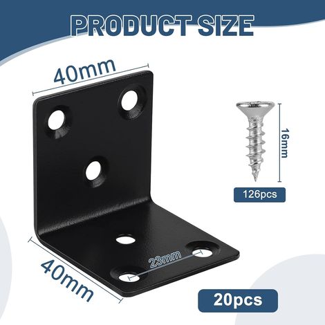 LALAGO 20pcs Équerre d'Assemblage en Acier Inox 40 x 40 x 40mm, Equerre de Fixation Angle Droit Support de L avec 126pcs M416mm Vis, Équerres d'Angle à 90° Noir pour Fixation de Meubles en Bois