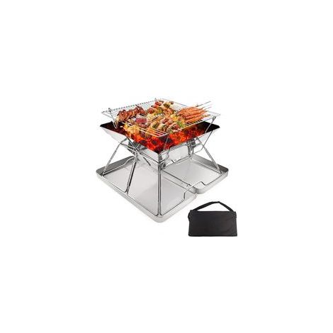 Foyer barbecue pliable inox + grille Bois/charbon Camping, piquenique Avec boîte fer et sac