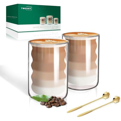 Latte Macchiato Gläser Set Doppelwandige Kaffeegläser 400ml 2 Löffel (1/5)