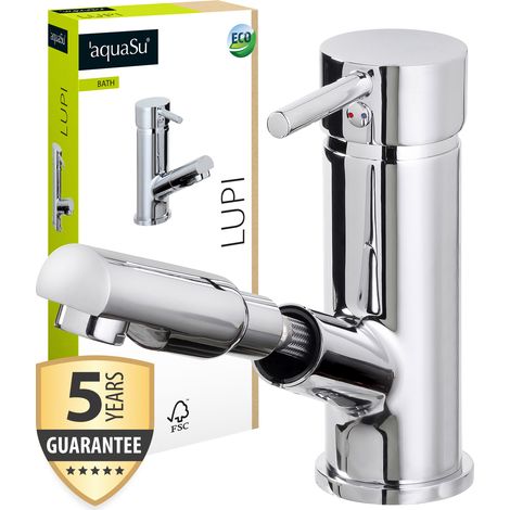 'aquaSu® Waschbeckenarmatur mit Haarbrause Lupi, mit Wassersparmischdüse, Excentergarnitur, Keramikkartusche, Standard-Montage, Messingkern, verchromt, 799126 (1/5)