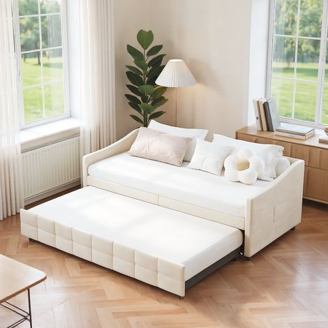 Schlafsofa 90x200 cm, Multifunktionales und Robustes Ausziehbett, Funktionelles Einzelbett und gemütliches Sofa, Ideal für Gästezimmer, Wohnzimmer und kleine Räume, Velour Creme
