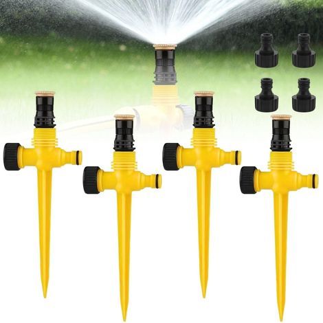 Lot de 4 arroseurs de pelouse rotatifs à 360 ° - Système d'irrigation automatique avec connecteur rapide - Système d'arrosage pour jardin, pelouse, plantes, légumes, fleurs (1/5)