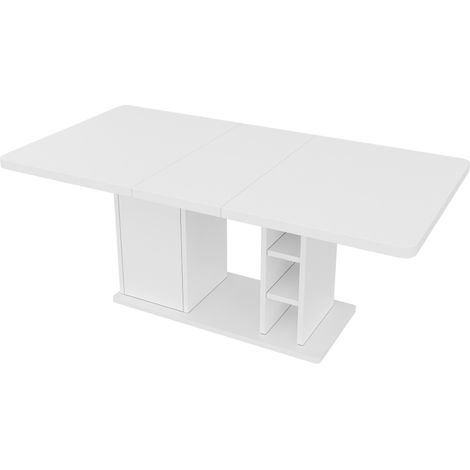 Table à manger extensible 140/180 x 80 cm en MDF blanc avec espace de rangement, style scandinave (1/5)