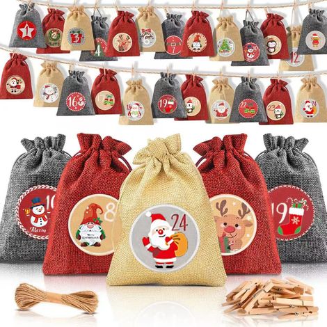 24-teiliger Adventskalender zum Befüllen, Weihnachtskalender 2025. Jutesäckchen 18 x 13 cm, Adventskalenderbeutel für Kinder, Weihnachtsgeschenktüten mit individuellen Designs.
