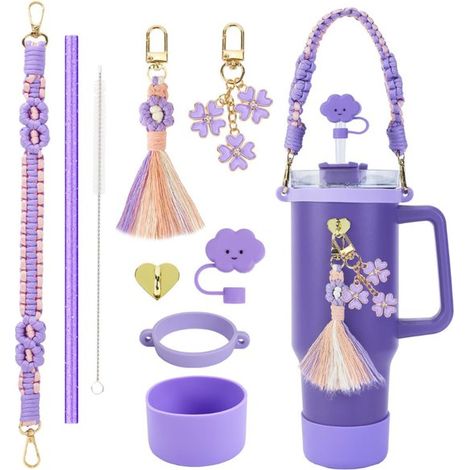 Pour les bouteilles d'eau Stanley : manchons en silicone pour gobelets, sangles de transport colorées, chaînes pour gobelets en forme de fleur, pendentifs à pompons en forme de cœur et accessoires en (1/2)
