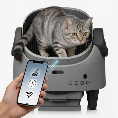 Litière pour Chat autonettoyante Automatique avec entrée par Le Haut, Caisse hygiénique Intelligente Design Ouvert XXL pour Grands Chats, système de sécurité avancé et Surveillance (1/5)