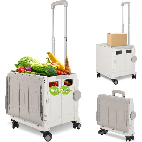Randaco Carrello spesa pieghevole 50L con coperchio, 4 ruote, trolley box per spesa e casa, bianco