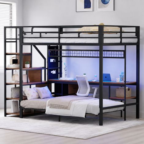CHICFURN Letto a soppalco 140x200 con letto basso 90x200, scrivania LED, prese, nero (1/5)