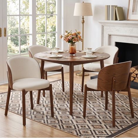 Juego de 6 sillas de comedor, respaldo envolvente, lino, madera maciza y color nogal (1/5)