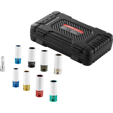 VEVOR Jeu de Douilles a Chocs Profondes pour Ecrous de Roue 8PCs, Coffret de Douilles pour Ecrous a Entrainement de 1/2 po 12,7 mm, Metriques et SAE, 6 Pans, en Acier CR-MO, pour Reparation Automobile