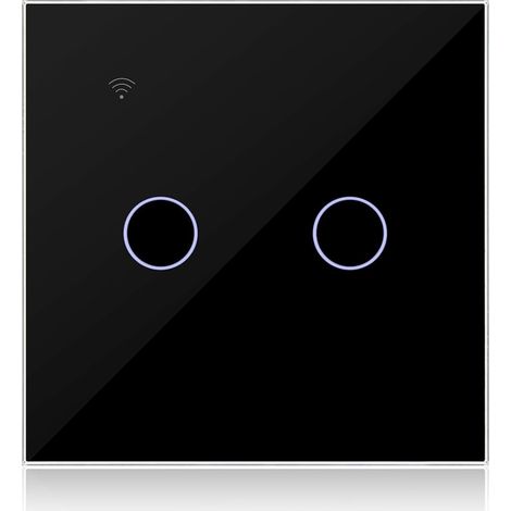 Interrupteur Connecté WIFI Noir 2 Gang 1 Voies Compatible avec Alexa, Interrupteur Tactile Mural WiFi Double Gang Contrôle de Tuya/Smart Life APP, Neutre/sans Neutre Disponible (1/5)