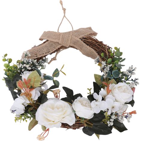 Couronne d'hortensia et de pivoines artificielles, avec nœud, fleur de printemps pour porte d'entrée, pour décoration de cheminée, petit blanc (1/5)