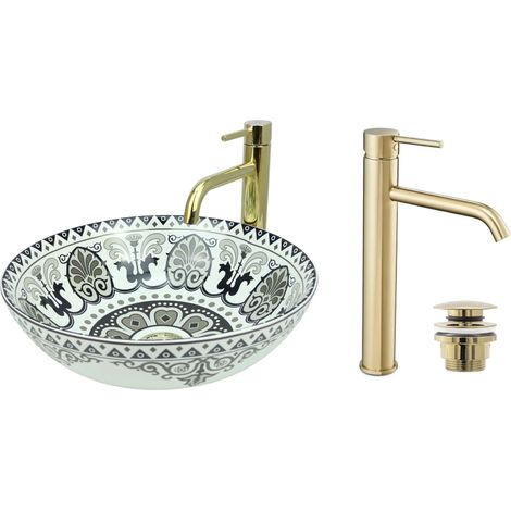 GTM Design Aufsatzwaschbecken 40 cm Glanz Set mit Waschtischbatterie und Stopfen - Aufsatzwaschbecken Oval für Badezimmer - Modernes Waschbecken ohne Hahnloch - Waschbecken mit Armature (1/5)