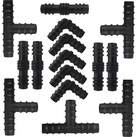 Kit de 15 raccords pour système d'irrigation goutte à goutte de 20 mm : raccords directs à barbes, coudes et raccords en T en plastique pour tuyau de 16 mm. (1/4)