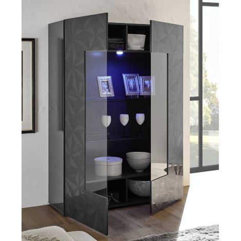 Vitrine moderne laqué gris 2 portes vitrées avec LED CAPRI (1/5)