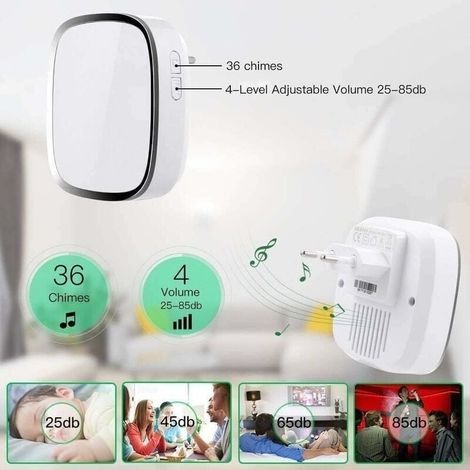 Campanello senza fili, campanello senza fili impermeabile a long raggio, set di campanelli with LED e melodie per il controllo del volume per casa, ufficio, hotel - 1 trasmettitore and 2 ricevitori in