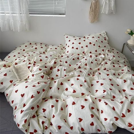 Housse de Couette Coton 220x240 Cœur Rouge avec 2 Taies d'oreiller 65x65 cm (1/5)