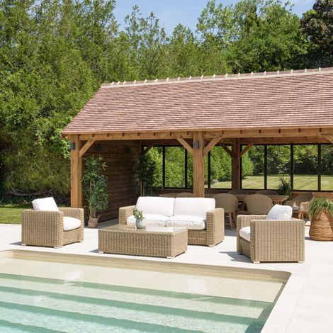KALLY - Salon de jardin 5 places en rotin synthétique taupe (1/5)