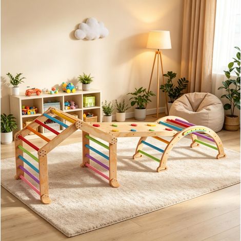 Triángulo de escalada infantil multicolor 114 x 48 x 18 cm con rampa y pizarra - CHICFURN (1/5)