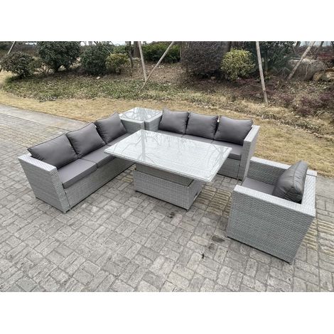 Fimous Rattan Gartenmöbel Set mit Sofa, Höhe verstellbar Esstisch ,Sessel,Beistelltisch,Outdoor Terrassen Essgruppe 5-teilige Sitzgruppe Helles Grau (1/5)
