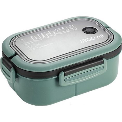 1200 ml doppelstöckige, isolierte Bento-Lunchbox mit Gabel und Löffel für Schüler und Büroangestellte, Grün (1/5)