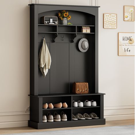 Recibidor con banco, perchero y zapatero de MDF negro 120 x 40 x 190 cm OKWISH (1/5)