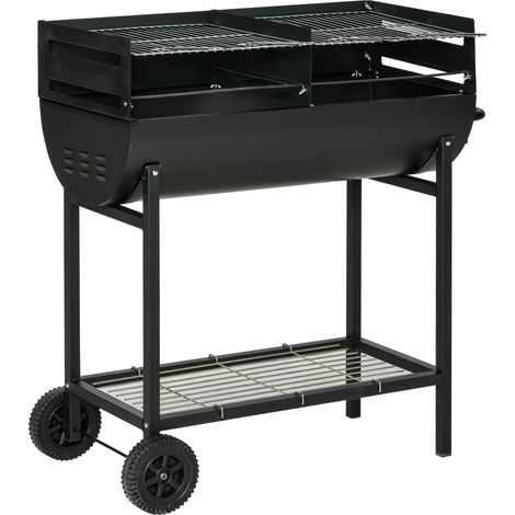 Stahlgrill mit 2 unabhängigen Grillrosten, 2 Rollen und Ablagefläche  Schwarz  90 cm x 45 cm x 96 cm