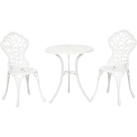 Conjunto de jardín de 3 piezas de aluminio blanco, que incluye 2 sillas de exterior (45 x 42 x 85,5 cm) y una mesa auxiliar redonda (Ø 61 x 66,5 cm).