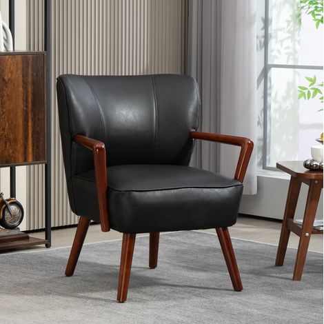 Sillón tapizado con reposabrazos, polipiel negra, patas de madera, OKWISH (1/5)
