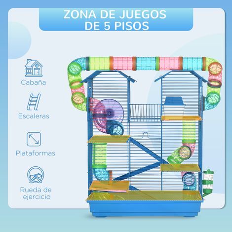 Cage à hamster à plusieurs niveaux avec tubes. plateformes. mangeoire. biberon. maisonnette. roue et échelles. 47 x 30 x 59 cm. bleue (1/5)