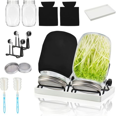 Filiyano – Kit de germination de lot x11 : comprend des bocaux Mason de 370 ml avec filtre, des couvercles de germination, un support pour bocaux, un (1/5)