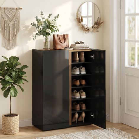 Meuble à chaussures avec ouverture de sécurité silencieuse, 6 étagères, design sans poignées, noir brillant (1/4)