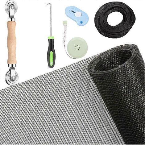 Kit de réparation pour moustiquaires de fenêtres et de portes moustiquaires, toile en fibre de verre 48 po x 118 po, avec outil à rouleau, crochet de coupe et jonc pour remplacement (1/5)