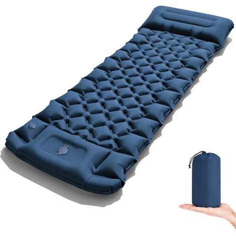 (Bleu foncé) Matelas de camping gonflable épais, résistant à l'humidité, pompe à pied intégrée, oreiller inclus. (1/5)