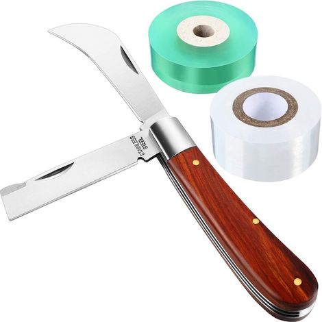 Ensemble de ciseaux à greffer, lames droites et courbes, comprenant 2 rouleaux de ruban à greffer multicolores (1/5)