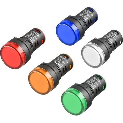 Lot de 5 voyants LED lumineux indicateur 22 mm 220 VAC 20 mA Rouge vert jaune bleu blanc (1/5)