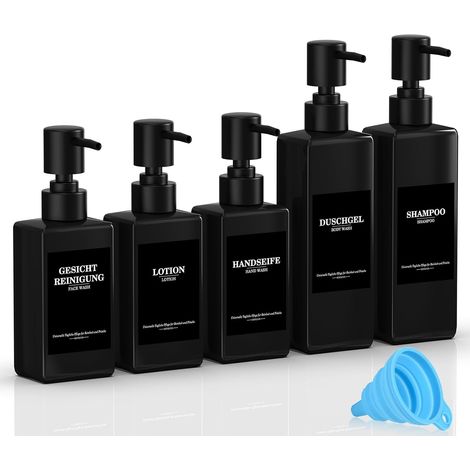 Lot de 5 distributeurs de shampoing réutilisables à remplir - 3 x 300 ML + 2 x 500 ML - Noir - avec Pompe distributrice, étiquettes et Entonnoir - pour Salle de Bain, Cuisine, Gel Douche (1/5)