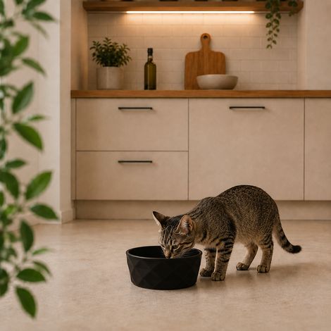 belviona Katzennapf aus Keramik, rutschfester Futter- & Wassernapf mit Silikonboden, robust & spülmaschinengeeignet, 350 ml, schwarz matt (1/4)