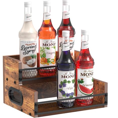 Étagère de présentation pour bouteilles de liqueur, petite armoire de rangement pour 6 bouteilles d'alcool, whisky, étagère à vin à 2 niveaux, étagère de rangement rétro pour sirop de café avec (1/5)