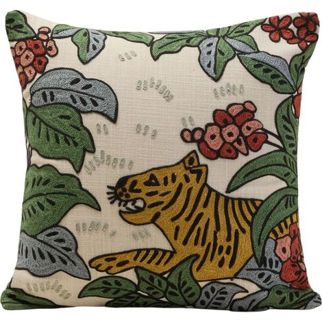 Housse de coussin en Coton rebrodé de point de chainette au motif animalier TIGRIS