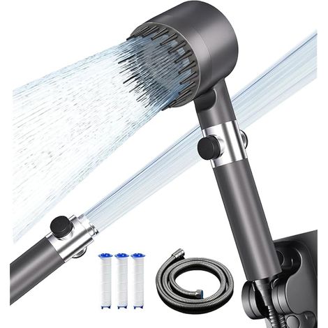 Pommeau Douche Anti Calcaire Haute Pression, Pommeau de douche avec Filtre Economie Deau, 3+1 Types de Jets Douchette Douche Salle de Bain avec Bouton D'arrêt D'eau,avec Tuyau1.5M et Support,Gris