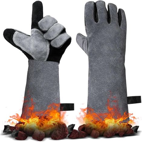Gants Soudure Cuir, Gant Barbecue Anti Chaleur, Gants de Travail Résistant au Feu, Manchettes Longues, pour Soudeur Four Jardinage Cheminée Grill Tig, 40 x 20 cm, 1 Paire, Gris (1/5)