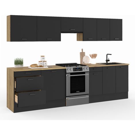Komplette Küche Fronteinsatz 300 CM SUBTIL mit Arbeitsplatte 9 Elemente Holz und Schwarz (1/5)