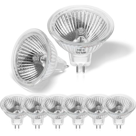 Paquete de 8 bombillas halógenas MR16 de 50 W y 12 V, focos halógenos regulables GU5.3 de luz blanca cálida de 2800 K, bombillas halógenas de 2 pines con cubierta de vidrio para lámparas de techo e il (1/5)
