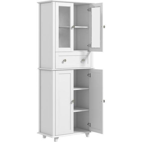 Armoire de cuisine/garde-manger avec 2 portes en verre trempé et un tiroir, 61 x 35 x 168,5 cm, blanche (1/5)