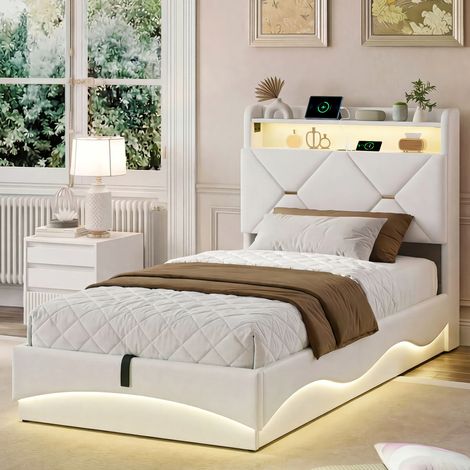 BLANKETSWARM - Lit coffre 90x200 avec sommier à lattes – Tête de lit avec chargement USB et lumières LED – Velours beige (1/5)
